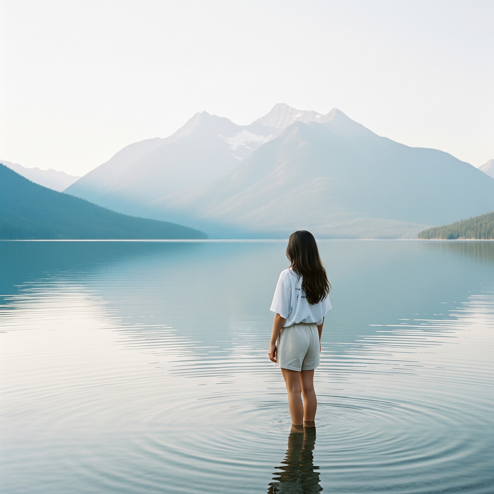Person standing in a lake with mountains in the background